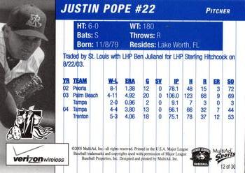2005 MultiAd Trenton Thunder #12 Justin Pope Back