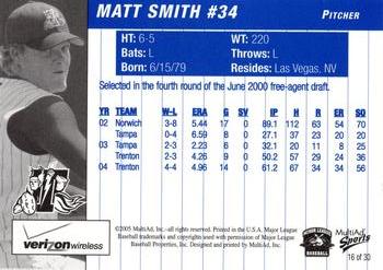 2005 MultiAd Trenton Thunder #16 Matt Smith Back