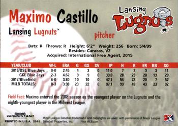 2018 Grandstand Lansing Lugnuts #NNO Maximo Castillo Back