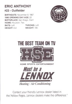 1990 HSE Lennox Houston Astros #NNO Eric Anthony Back