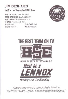 1990 HSE Lennox Houston Astros #NNO Jim Deshaies Back