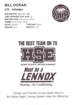 1990 HSE Lennox Houston Astros #NNO Bill Doran Back