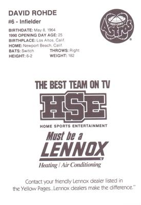 1990 HSE Lennox Houston Astros #NNO David Rohde Back