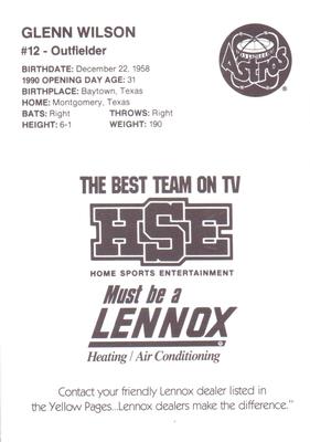 1990 HSE Lennox Houston Astros #NNO Glenn Wilson Back