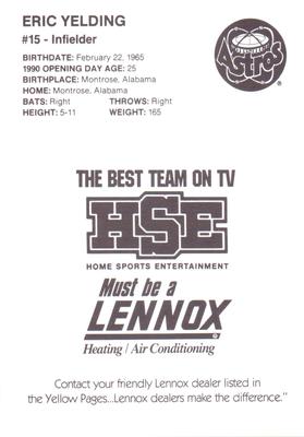1990 HSE Lennox Houston Astros #NNO Eric Yelding Back