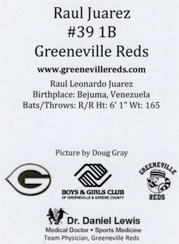 2018 Greeneville Reds #NNO Raul Juarez Back