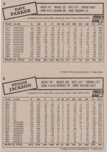 1986 Drake's Big Hitters - Box Panels #3-4 Reggie Jackson / Dave Parker Back