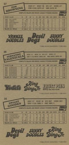 1986 Drake's Big Hitters - Box Panels #35-37 Dwight Gooden / Fernando Valenzuela / Tom Browning Back