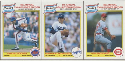 1986 Drake's Big Hitters - Box Panels #35-37 Dwight Gooden / Fernando Valenzuela / Tom Browning Front