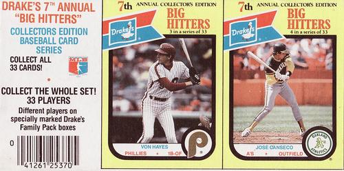 1987 Drake's Big Hitters Super Pitchers - Box Panels #3-4 Von Hayes / Jose Canseco Front