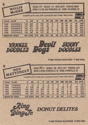 1987 Drake's Big Hitters Super Pitchers - Box Panels #8-9 Don Mattingly / Willie McGee Back