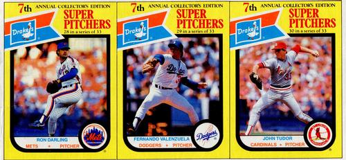 1987 Drake's Big Hitters Super Pitchers - Box Panels #28-30 Ron Darling / Fernando Valenzuela / John Tudor Front