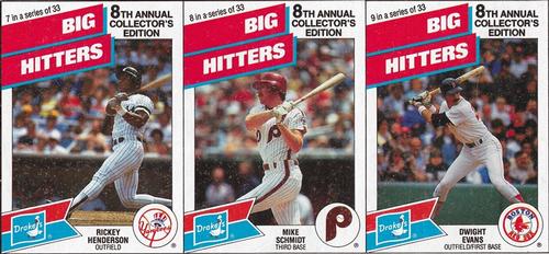 1988 Drake's Big Hitters Super Pitchers - Box Panels #7-9 Rickey Henderson / Mike Schmidt / Dwight Evans Front