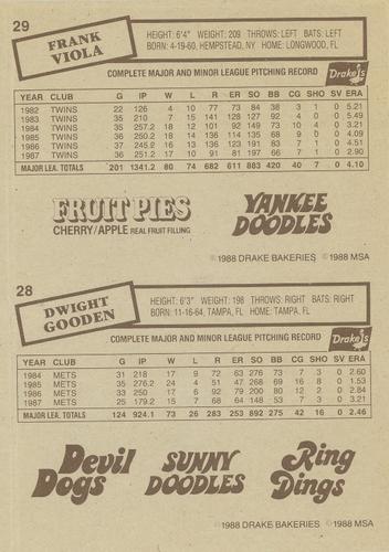 1988 Drake's Big Hitters Super Pitchers - Box Panels #28-29 Dwight Gooden / Frank Viola Back