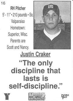 1999 Double Play/YMCA Mankato Mashers #16 Justin Craker Back