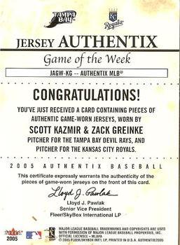 2005 Fleer Authentix - Game of the Week Jersey #JAGW-KG Scott Kazmir / Zack Greinke Back