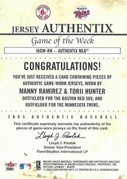 2005 Fleer Authentix - Game of the Week Jersey #JAGW-RH Manny Ramirez / Torii Hunter Back