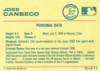 1989 Star Jose Canseco (White Name) - Glossy #10 Jose Canseco Back