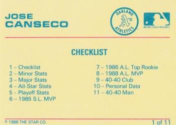 1989 Star Jose Canseco (Error) #1 Jose Canseco Back