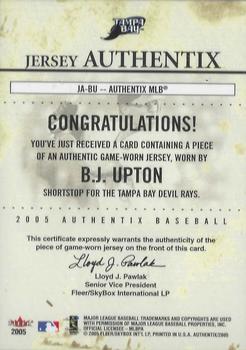 2005 Fleer Authentix - Jersey General Admission #JA-BU B.J. Upton Back