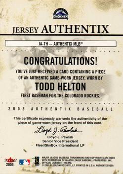 2005 Fleer Authentix - Jersey General Admission #JA-TH Todd Helton Back