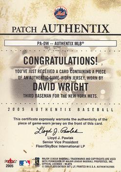2005 Fleer Authentix - Patch Mezzanine #PA-DW David Wright Back