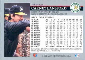1992 Leaf #148 Carney Lansford Back
