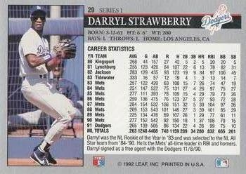 1992 Leaf #29 Darryl Strawberry Back
