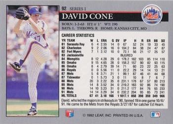 1992 Leaf #92 David Cone Back