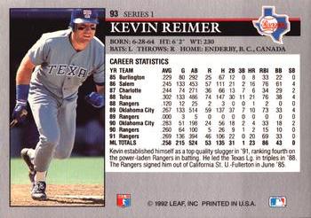 1992 Leaf #93 Kevin Reimer Back