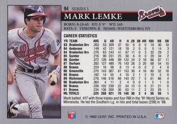 1992 Leaf #94 Mark Lemke Back