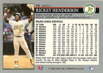 1992 Leaf #116 Rickey Henderson Back