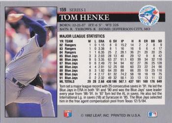 1992 Leaf #159 Tom Henke Back