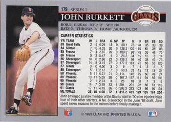 1992 Leaf #179 John Burkett Back