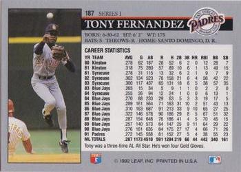 1992 Leaf #187 Tony Fernandez Back