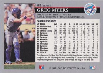 1992 Leaf #192 Greg Myers Back