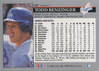 1992 Leaf #257 Todd Benzinger Back
