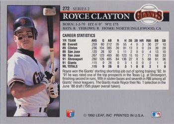 1992 Leaf #272 Royce Clayton Back