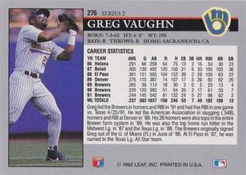 1992 Leaf #276 Greg Vaughn Back