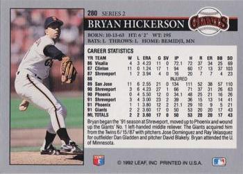 1992 Leaf #280 Bryan Hickerson Back