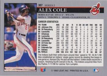 1992 Leaf #307 Alex Cole Back