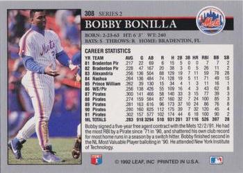 1992 Leaf #308 Bobby Bonilla Back