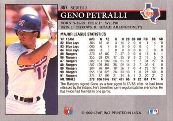 1992 Leaf #357 Geno Petralli Back