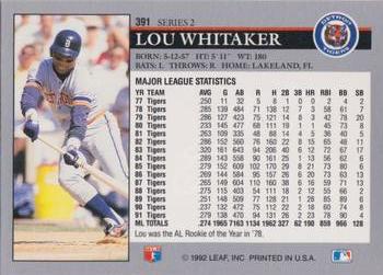 1992 Leaf #391 Lou Whitaker Back
