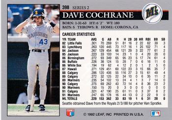1992 Leaf #398 Dave Cochrane Back