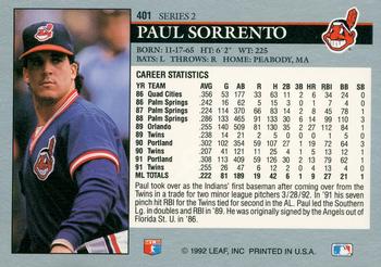 1992 Leaf #401 Paul Sorrento Back