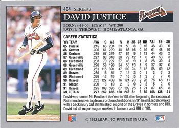 1992 Leaf #404 David Justice Back