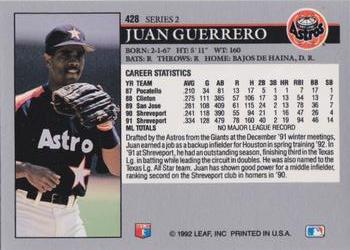 1992 Leaf #428 Juan Guerrero Back
