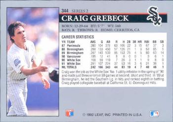 1992 Leaf #344 Craig Grebeck Back