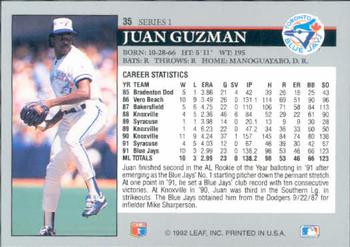 1992 Leaf #35 Juan Guzman Back